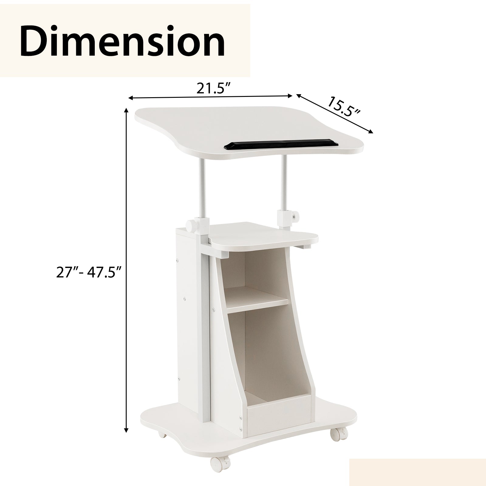 Mobile Podium Stand Height Adjustable Laptop Cart with Tilting Tabletop and Storage Compartments, White Laptop Tables & Printer Stands at Gallery Canada
