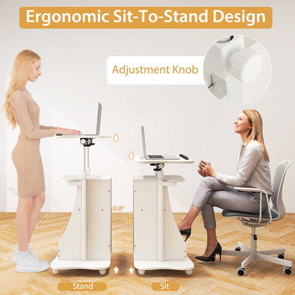 Mobile Podium Stand Height Adjustable Laptop Cart with Tilting Tabletop and Storage Compartments, White