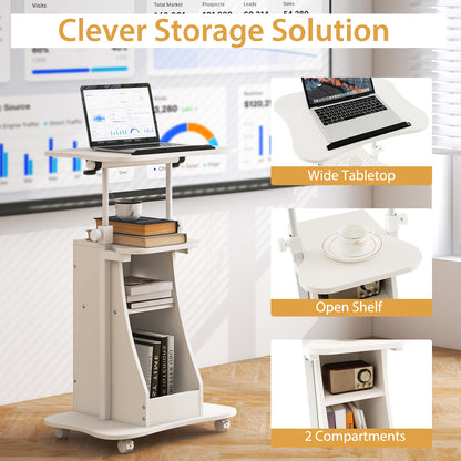 Mobile Podium Stand Height Adjustable Laptop Cart with Tilting Tabletop and Storage Compartments, White Laptop Tables & Printer Stands at Gallery Canada