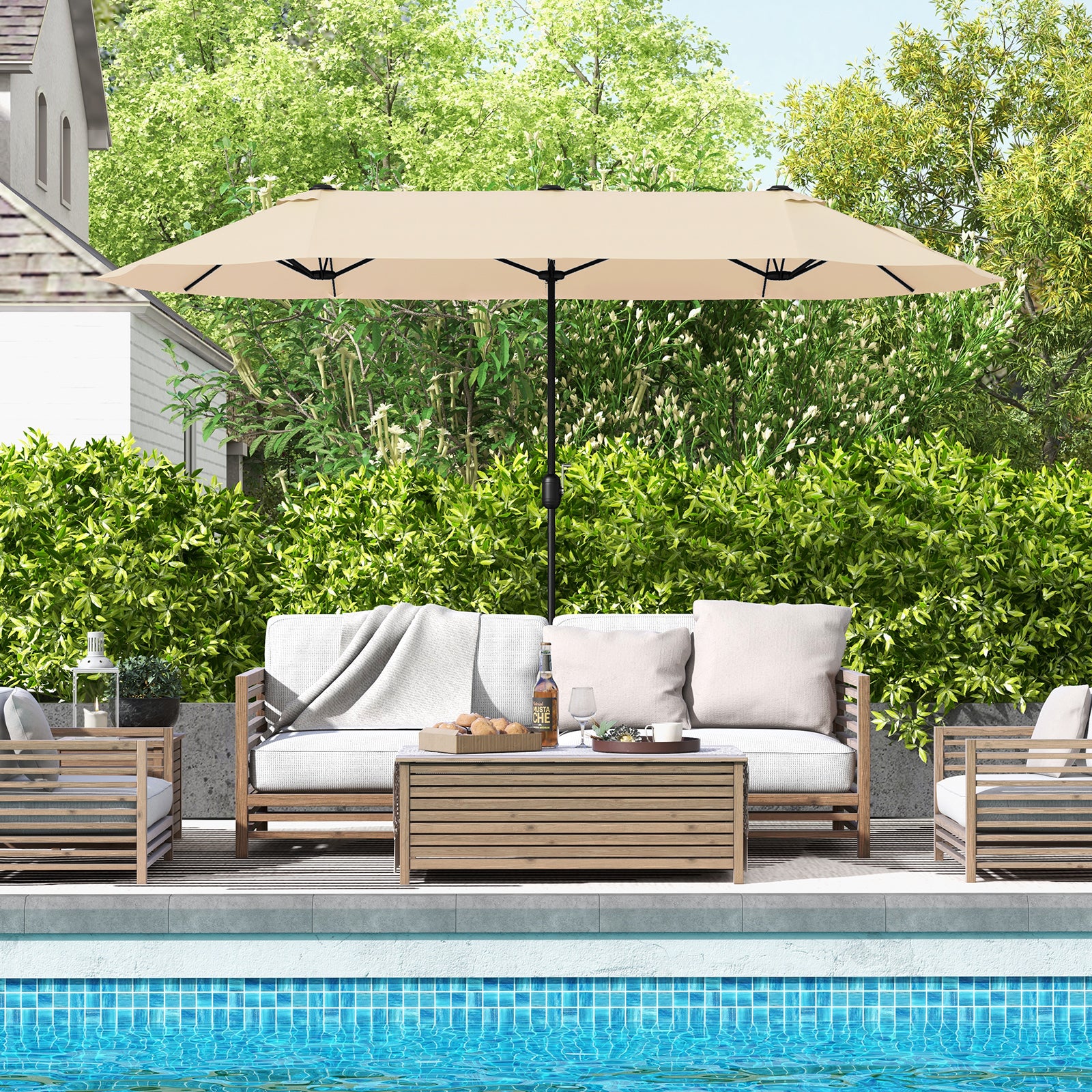 13 Feet Double-Sided Patio Twin Table Umbrella with Crank Handle, Beige Outdoor Umbrellas at Gallery Canada