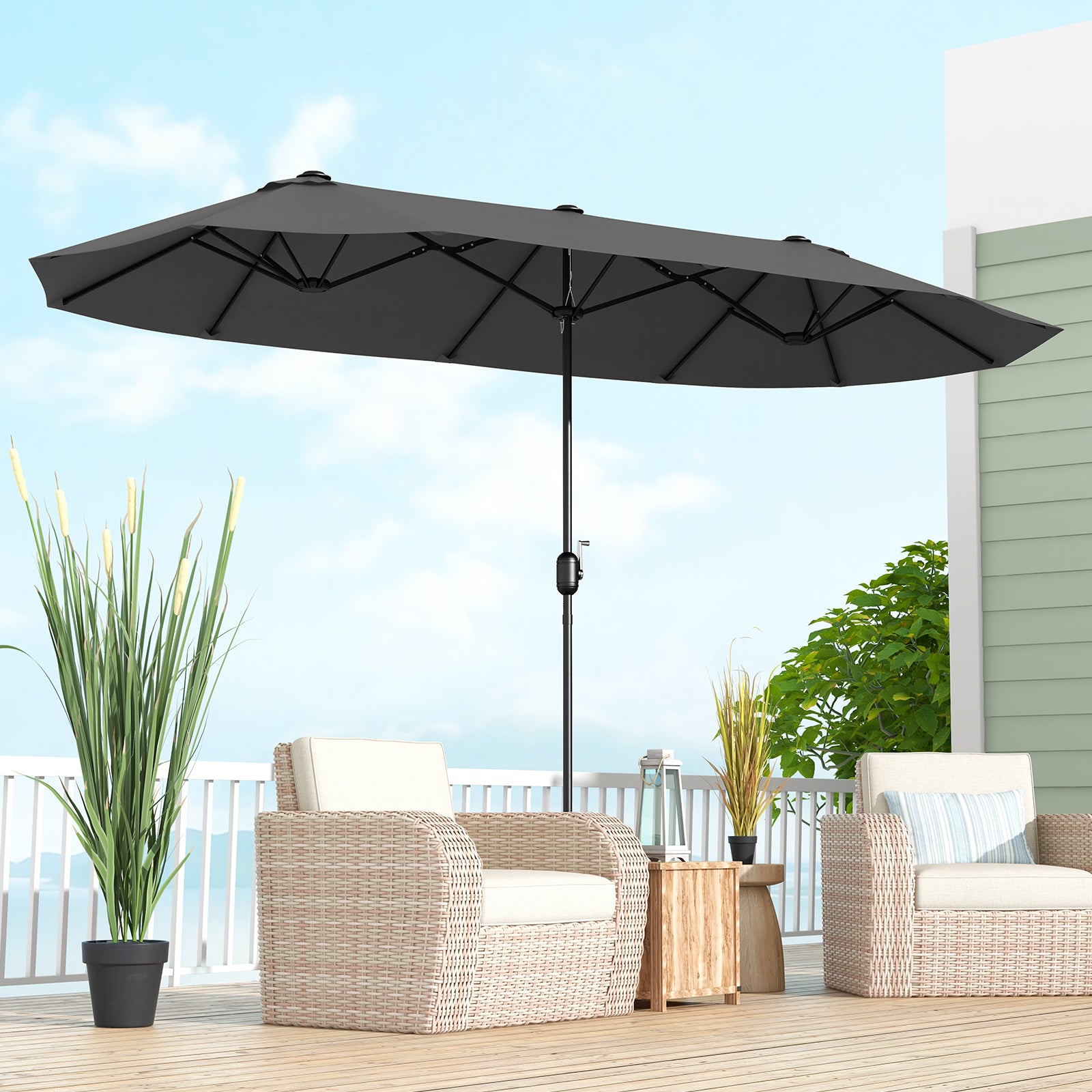 13 Feet Double-Sided Patio Twin Table Umbrella with Crank Handle, Gray Outdoor Umbrellas at Gallery Canada