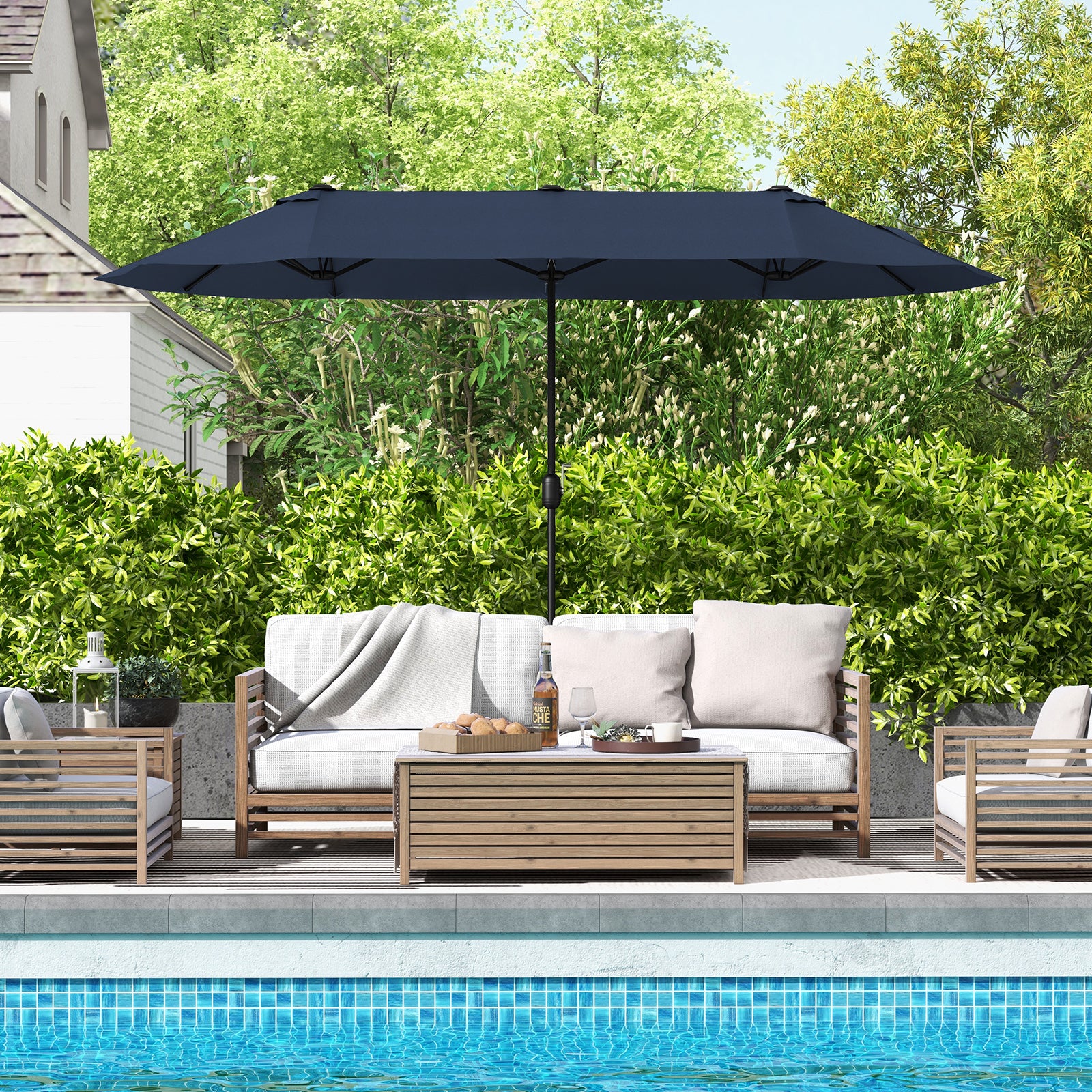 13 Feet Double-Sided Patio Twin Table Umbrella with Crank Handle, Navy Outdoor Umbrellas at Gallery Canada