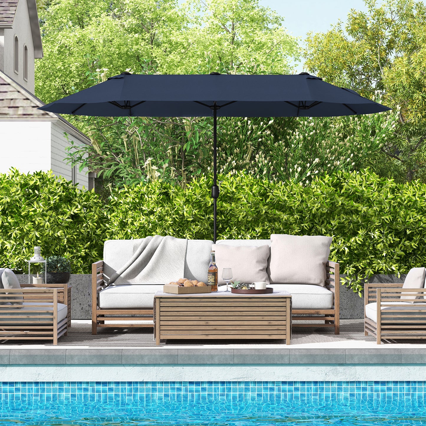 13 Feet Double-Sided Patio Twin Table Umbrella with Crank Handle, Navy Outdoor Umbrellas at Gallery Canada