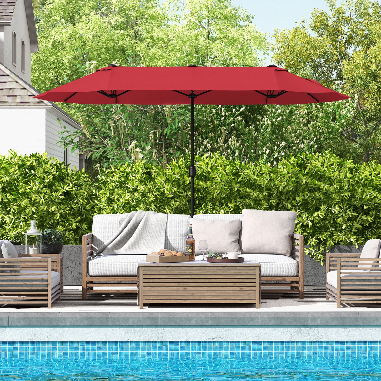 13 Feet Double-Sided Patio Twin Table Umbrella with Crank Handle, Wine Outdoor Umbrellas at Gallery Canada