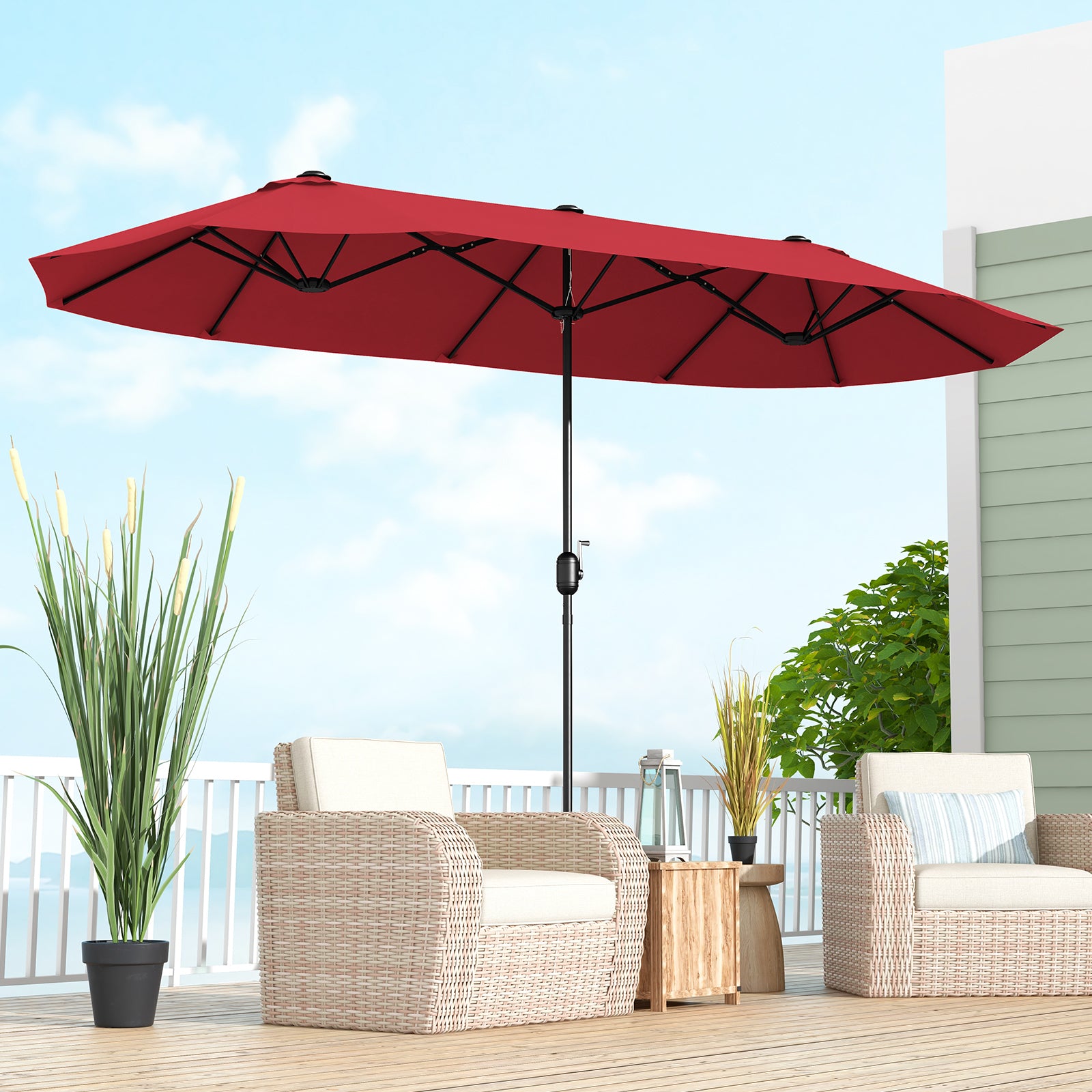 13 Feet Double-Sided Patio Twin Table Umbrella with Crank Handle, Wine Outdoor Umbrellas at Gallery Canada