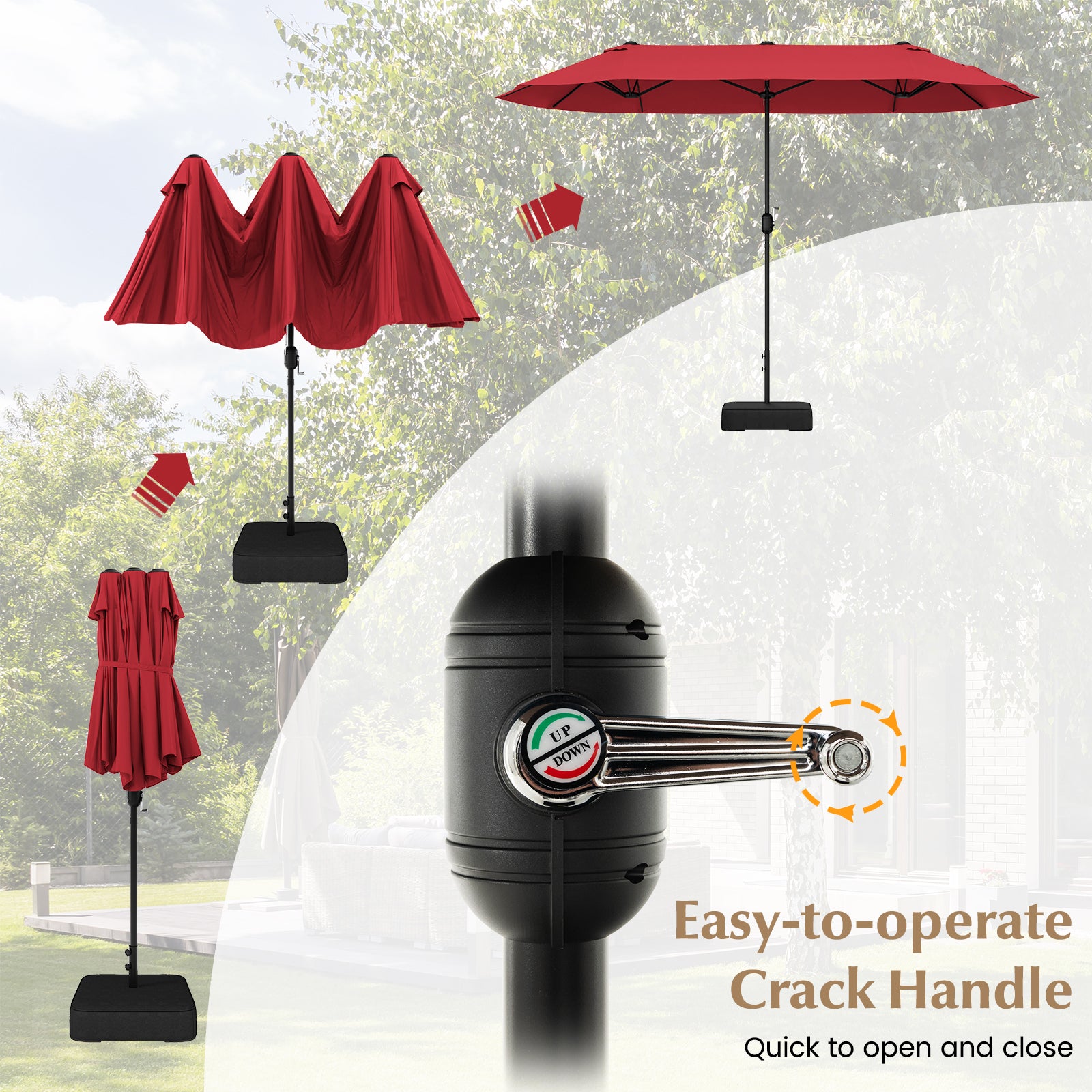 13 Feet Double-Sided Patio Twin Table Umbrella with Crank Handle, Wine Outdoor Umbrellas at Gallery Canada