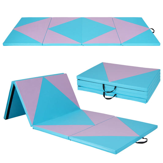 4-Panel PU Leather Folding Exercise Gym Mat with Hook and Loop Fasteners, Pink & Blue