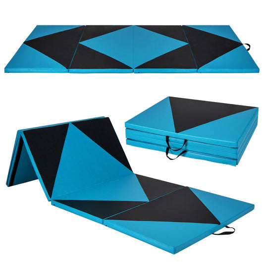 4-Panel PU Leather Folding Exercise Gym Mat with Hook and Loop Fasteners, Black & Turquoise