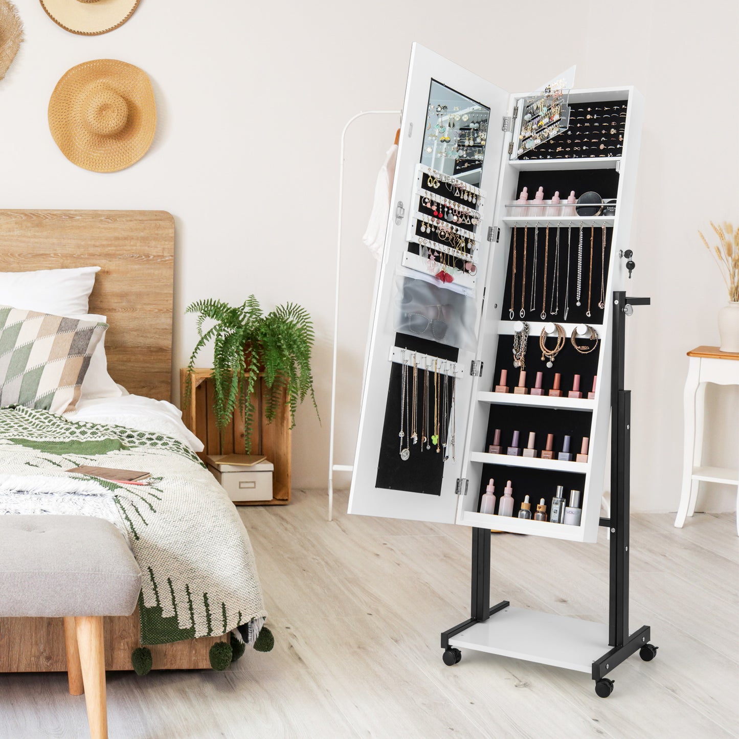 46 LED Mirror Jewelry Cabinet, White With Wheels, 3-Color