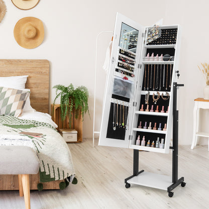 46 LED Mirror Jewelry Cabinet, White With Wheels, 3-Color