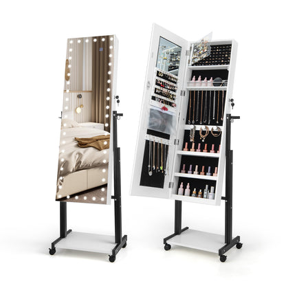 46 LED Mirror Jewelry Cabinet, White With Wheels, 3-Color
