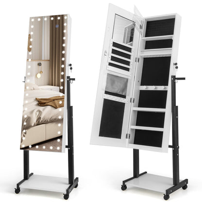 3-Color 46 LED Lights Mirror Jewelry Cabinet Armoire Adjustable Height with Wheels, White