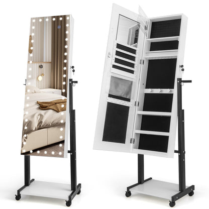 46 LED Mirror Jewelry Cabinet, White With Wheels, 3-Color