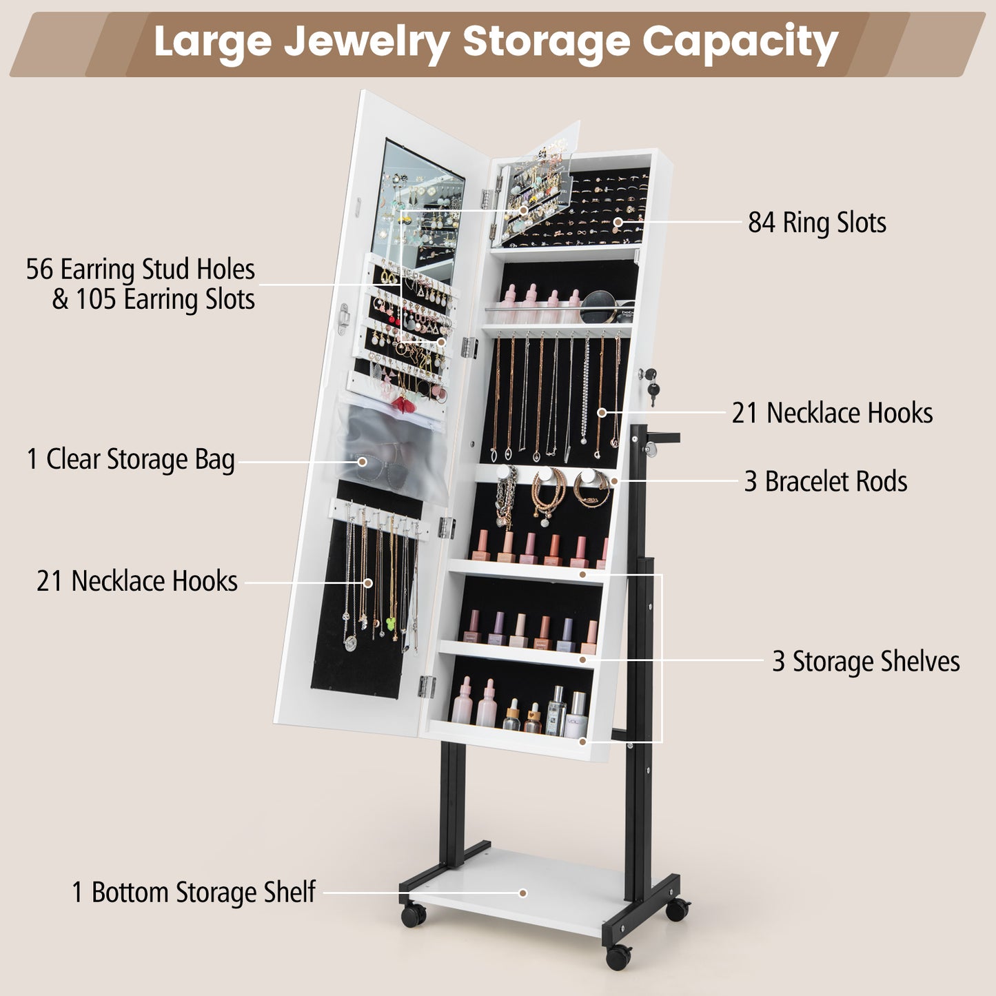46 LED Mirror Jewelry Cabinet, White With Wheels, 3-Color