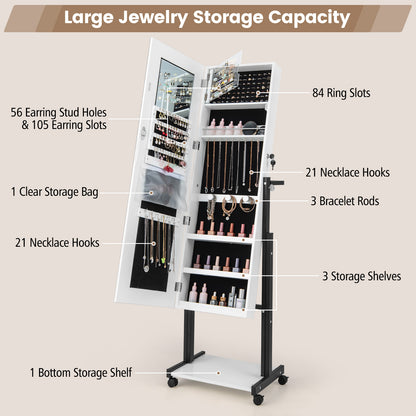 46 LED Mirror Jewelry Cabinet, White With Wheels, 3-Color