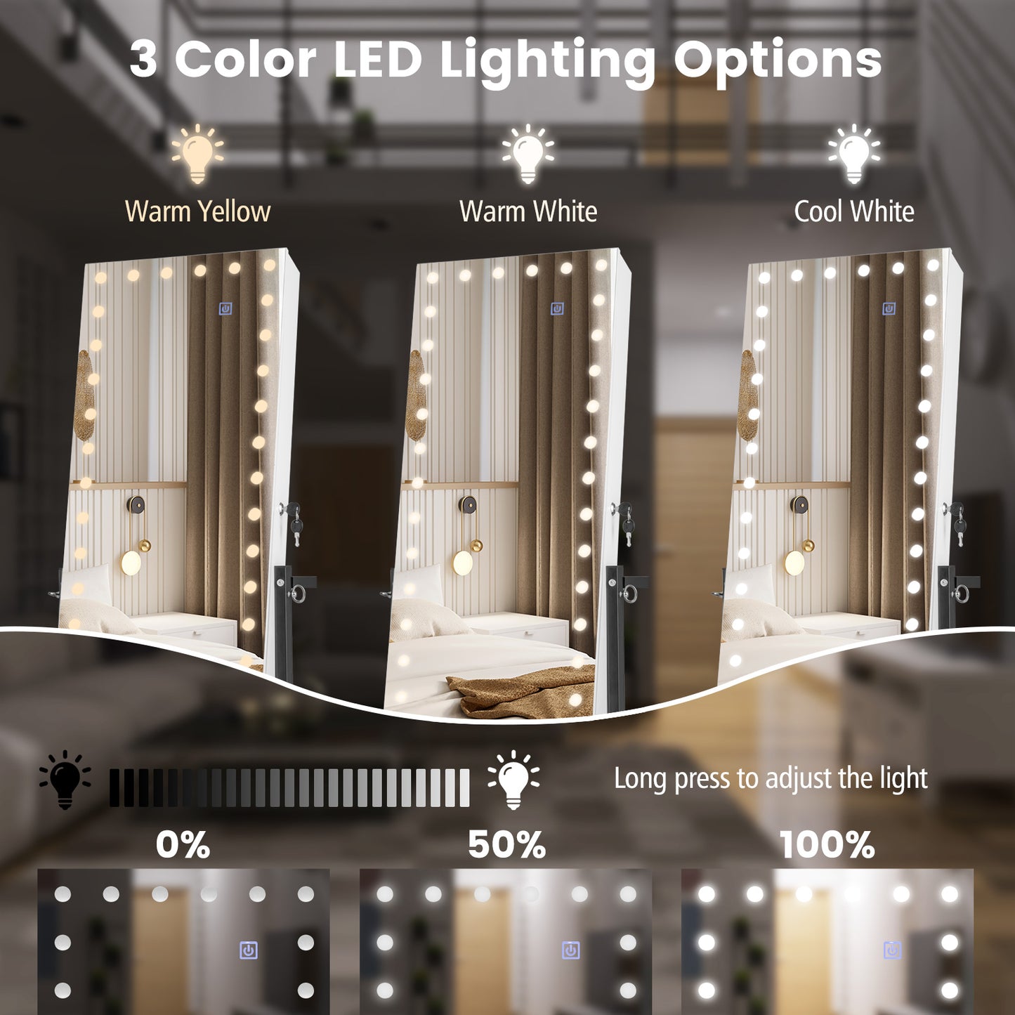 46 LED Mirror Jewelry Cabinet, White With Wheels, 3-Color
