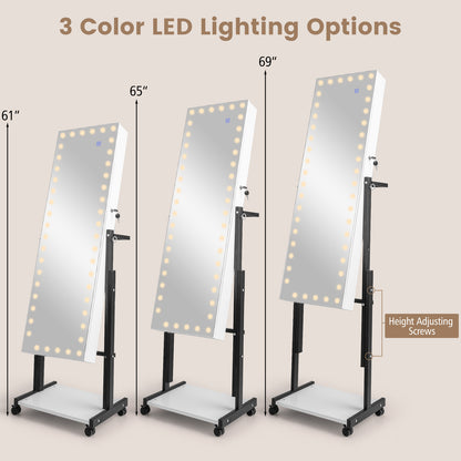 46 LED Mirror Jewelry Cabinet, White With Wheels, 3-Color