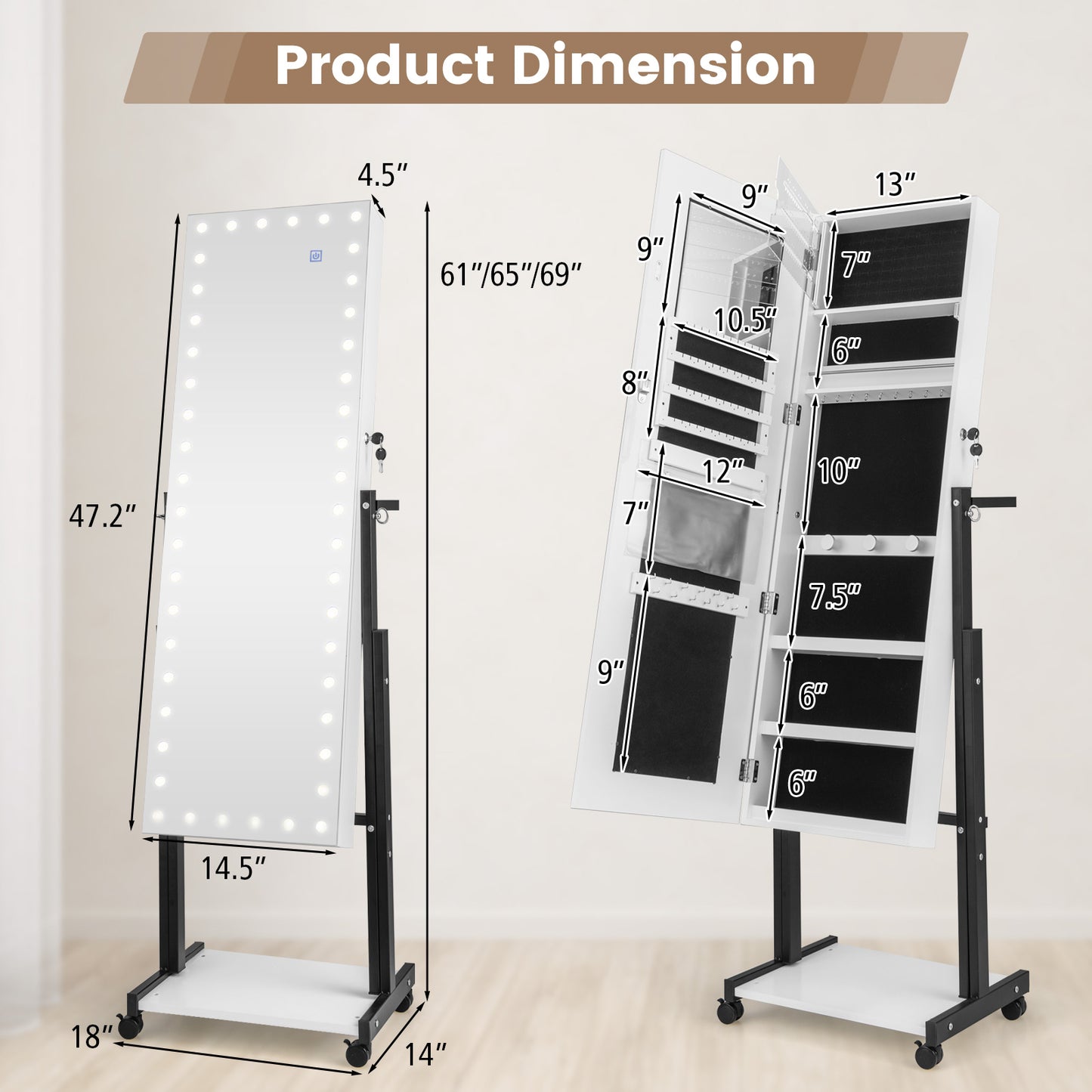 46 LED Mirror Jewelry Cabinet, White With Wheels, 3-Color