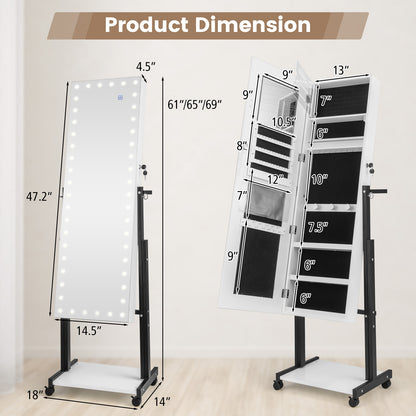 46 LED Mirror Jewelry Cabinet, White With Wheels, 3-Color