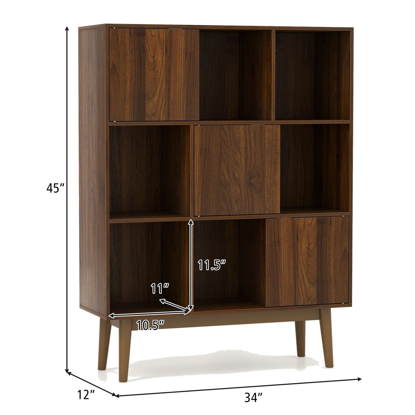 9-Cube Bookshelf with Open Shelves and 3 Door for Home Office, Walnut - Gallery Canada