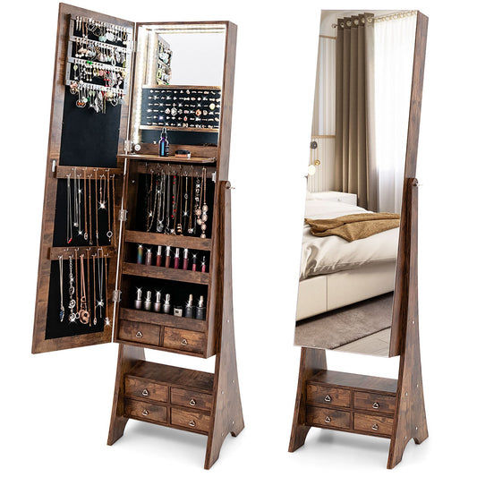 Freestanding Full Length LED Mirrored Jewelry Armoire with 6 Drawers, Rustic Brown - Gallery Canada