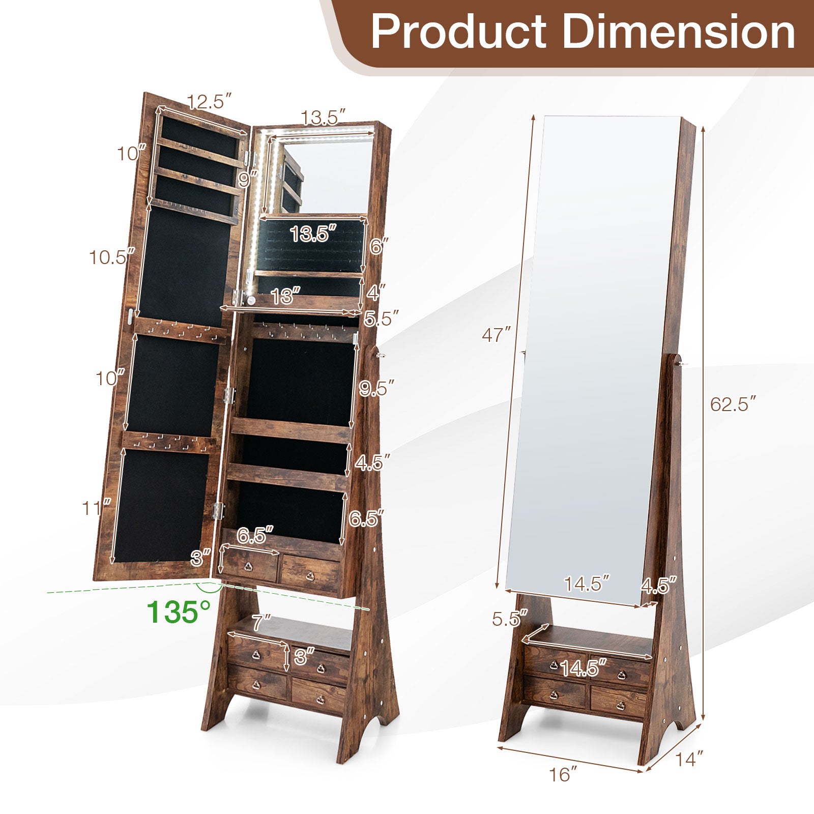 Freestanding Full Length LED Mirrored Jewelry Armoire with 6 Drawers, Rustic Brown Jewelry Armoires at Gallery Canada