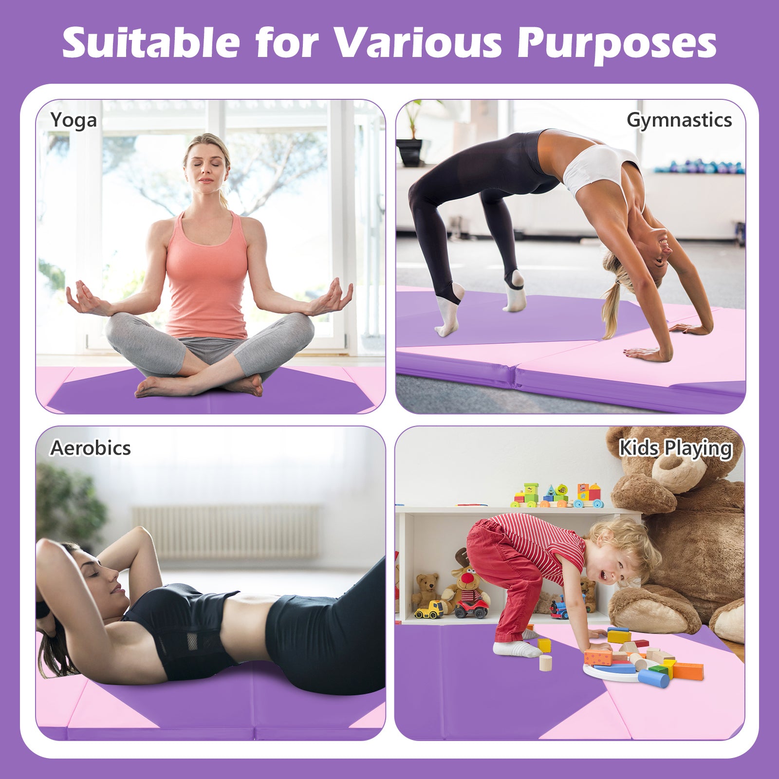 10 Feet x 4 Feet x 2 Inch Folding Exercise Mat with Hook and Loop Fasteners, Pink & Purple Yoga & Gym Mats at Gallery Canada
