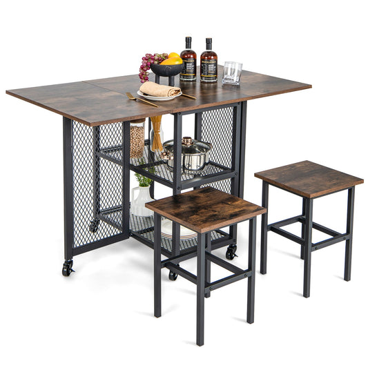 Drop Leaf Expandable Dining Table Set with Lockable Wheels, Brown