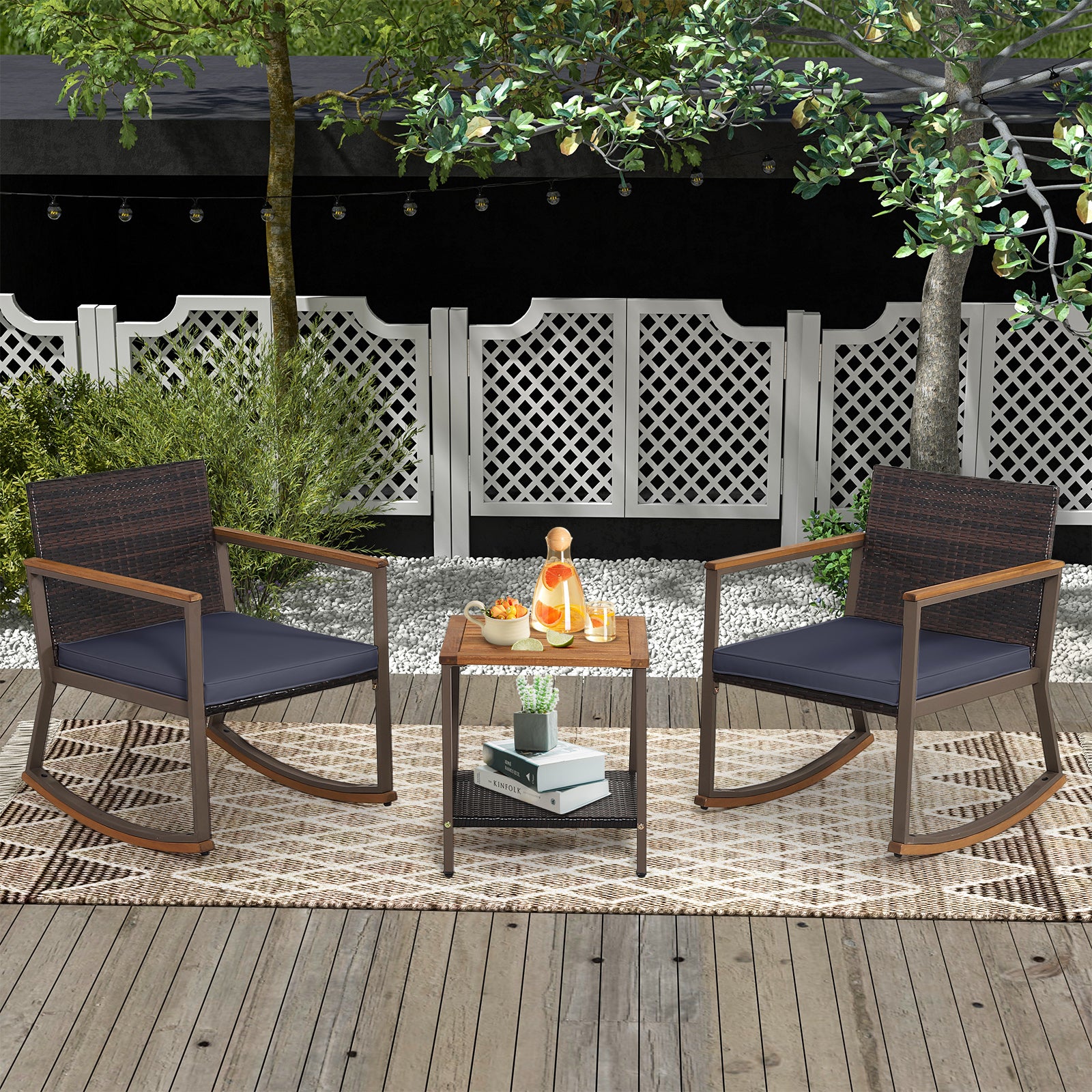 3 Pieces Rattan Rocking Bistro Set with Coffee Table and Cushions, Navy Patio Conversation Sets at Gallery Canada