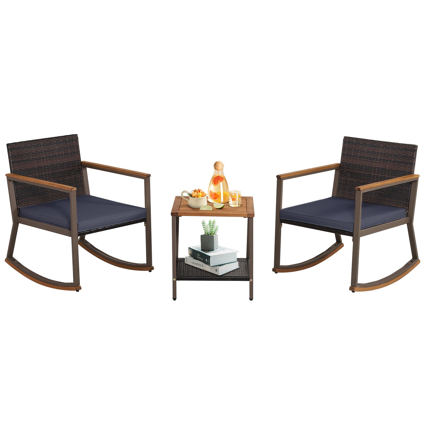3 Pieces Rattan Rocking Bistro Set with Coffee Table and Cushions, Navy Patio Conversation Sets Navy at Gallery Canada