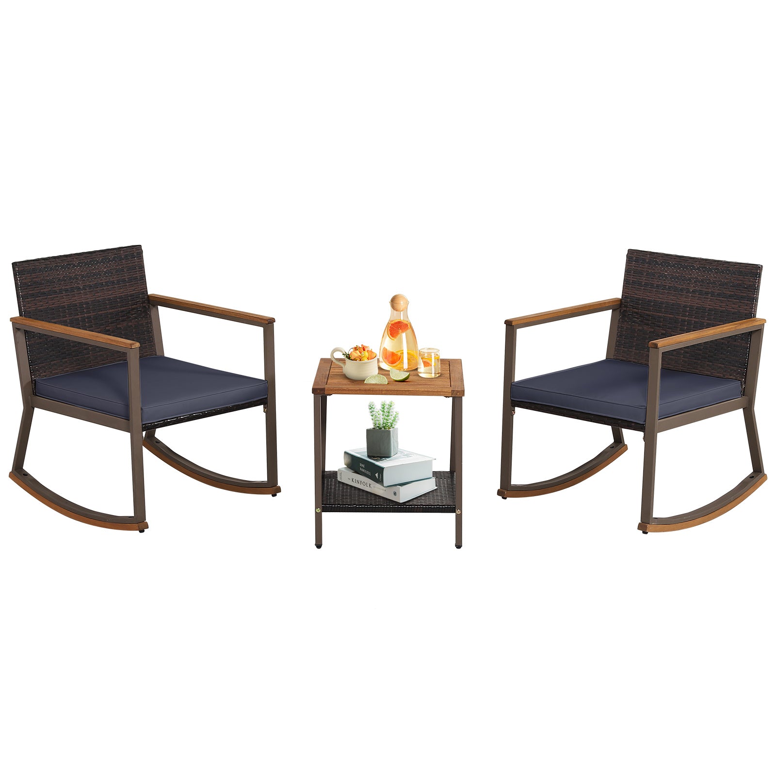 3 Pieces Rattan Rocking Bistro Set with Coffee Table and Cushions, Navy Patio Conversation Sets Navy at Gallery Canada