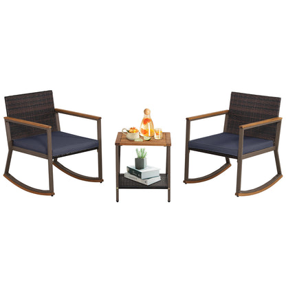 3 Pieces Rattan Rocking Bistro Set with Coffee Table and Cushions, Navy Patio Conversation Sets at Gallery Canada