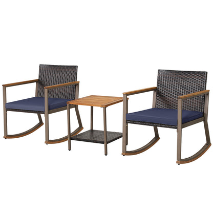 3 Pieces Rattan Rocking Bistro Set with Coffee Table and Cushions, Navy Patio Conversation Sets at Gallery Canada