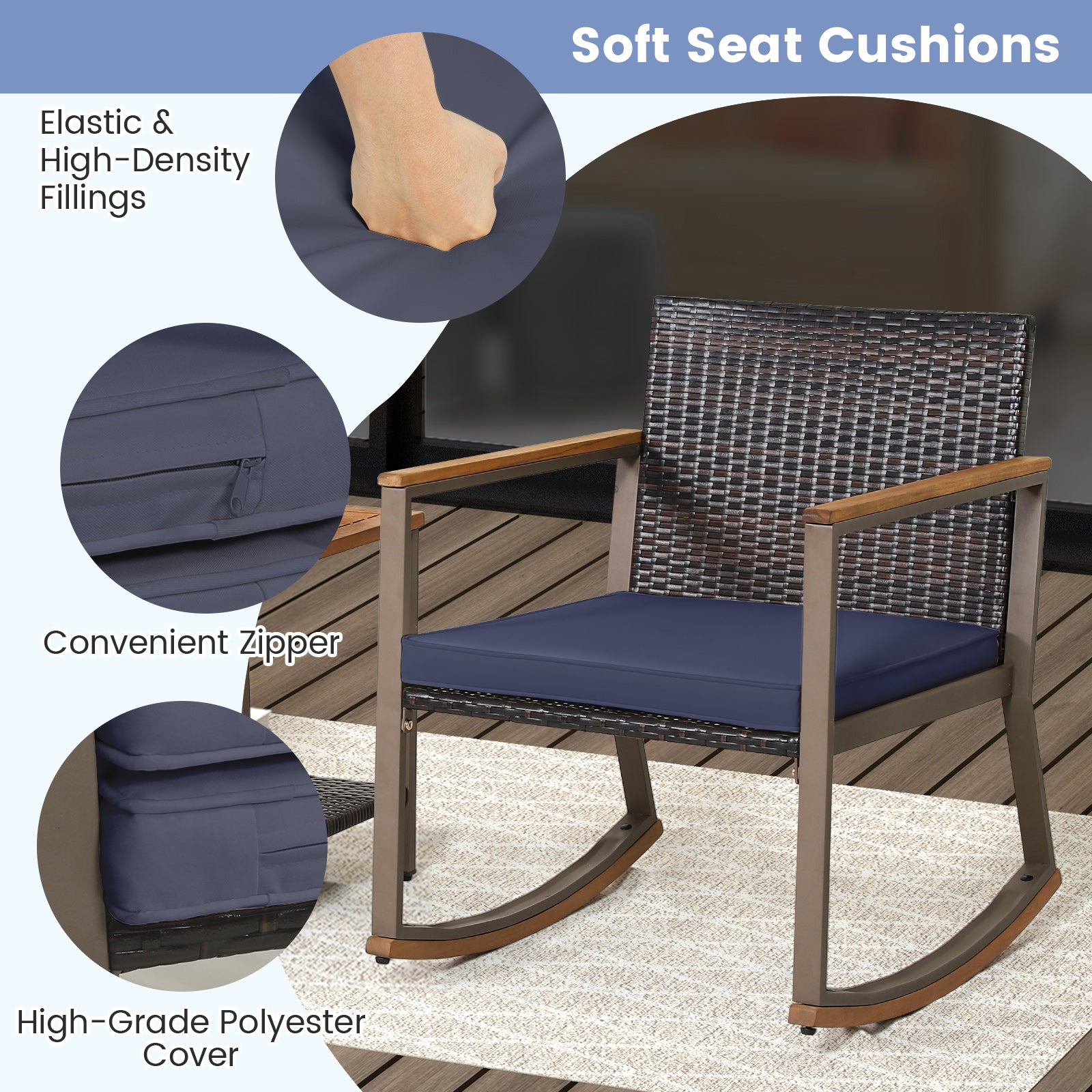 3 Pieces Rattan Rocking Bistro Set with Coffee Table and Cushions, Navy Patio Conversation Sets at Gallery Canada