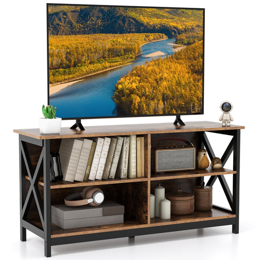 Wooden TV Stand Entertainment for TVs up to 55 Inch with X-Shaped Frame, Rustic Brown