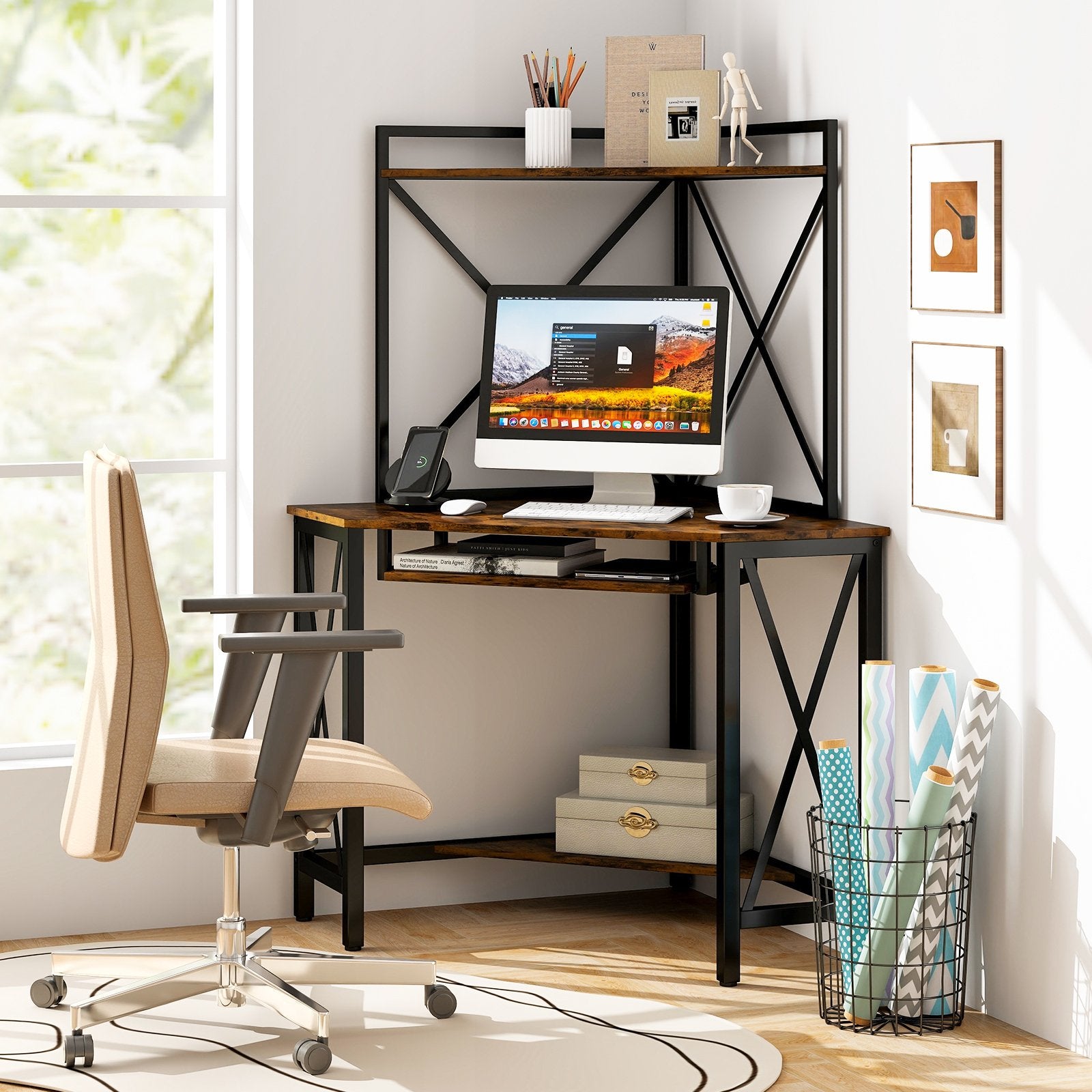 Space-Saving Corner Computer Desk with with Hutch and Keyboard Tray, Rustic Brown at Gallery Canada