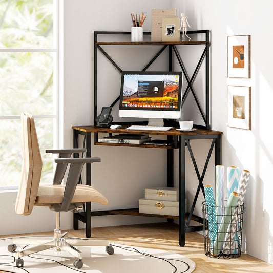 Space-Saving Corner Computer Desk with with Hutch and Keyboard Tray, Rustic Brown - Gallery Canada