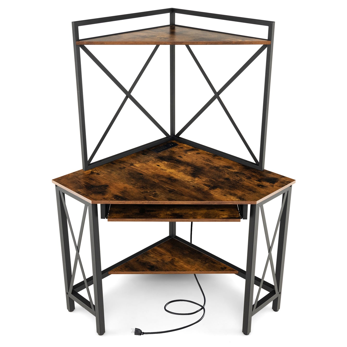 Space-Saving Corner Computer Desk with with Hutch and Keyboard Tray, Rustic Brown Corner Desks at Gallery Canada