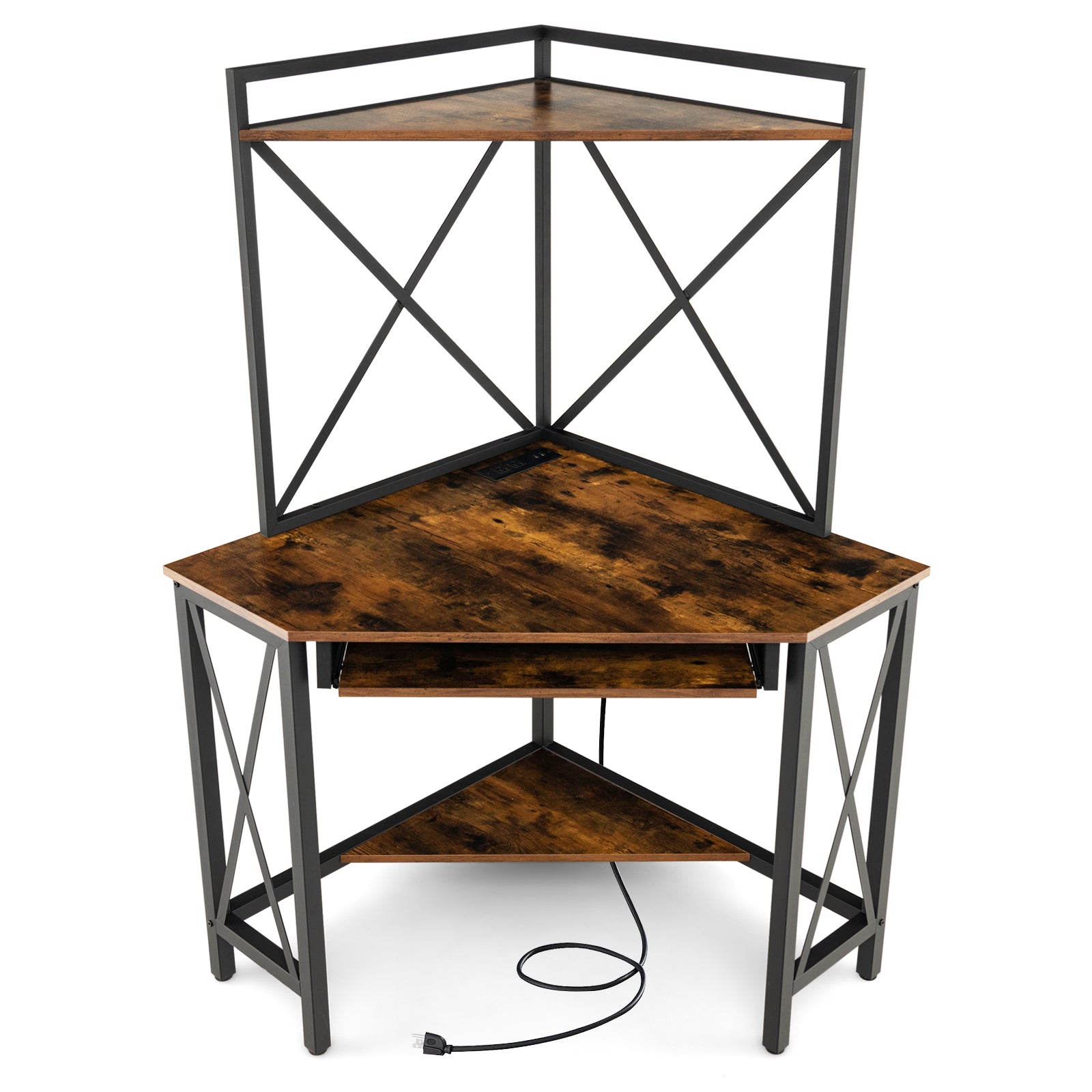 Space-Saving Corner Computer Desk with with Hutch and Keyboard Tray, Rustic Brown Corner Desks at Gallery Canada