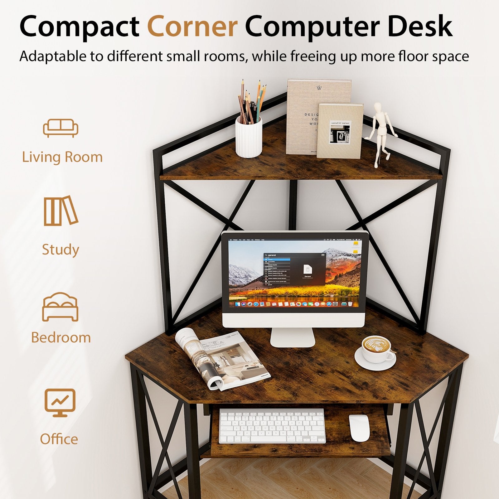Space-Saving Corner Computer Desk with with Hutch and Keyboard Tray, Rustic Brown at Gallery Canada