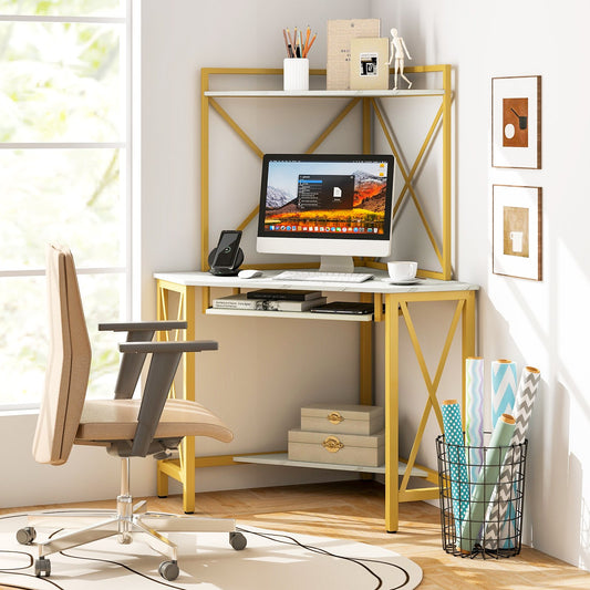 Space-Saving Corner Computer Desk with with Hutch and Keyboard Tray, White - Gallery Canada
