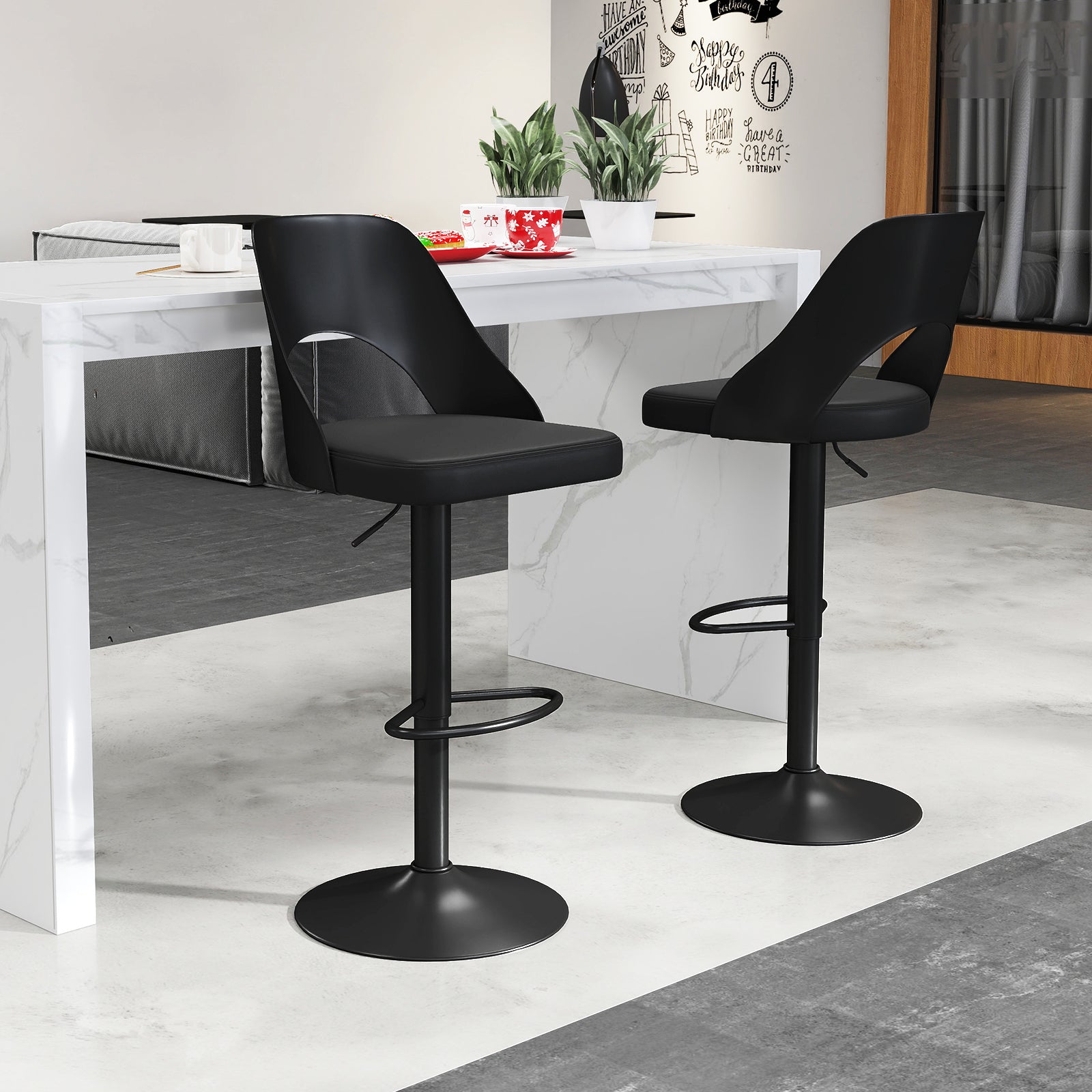 Bar Stools Set of 2 with Enlarged PU Leather Seat and Footrest, Black Bar Stools at Gallery Canada
