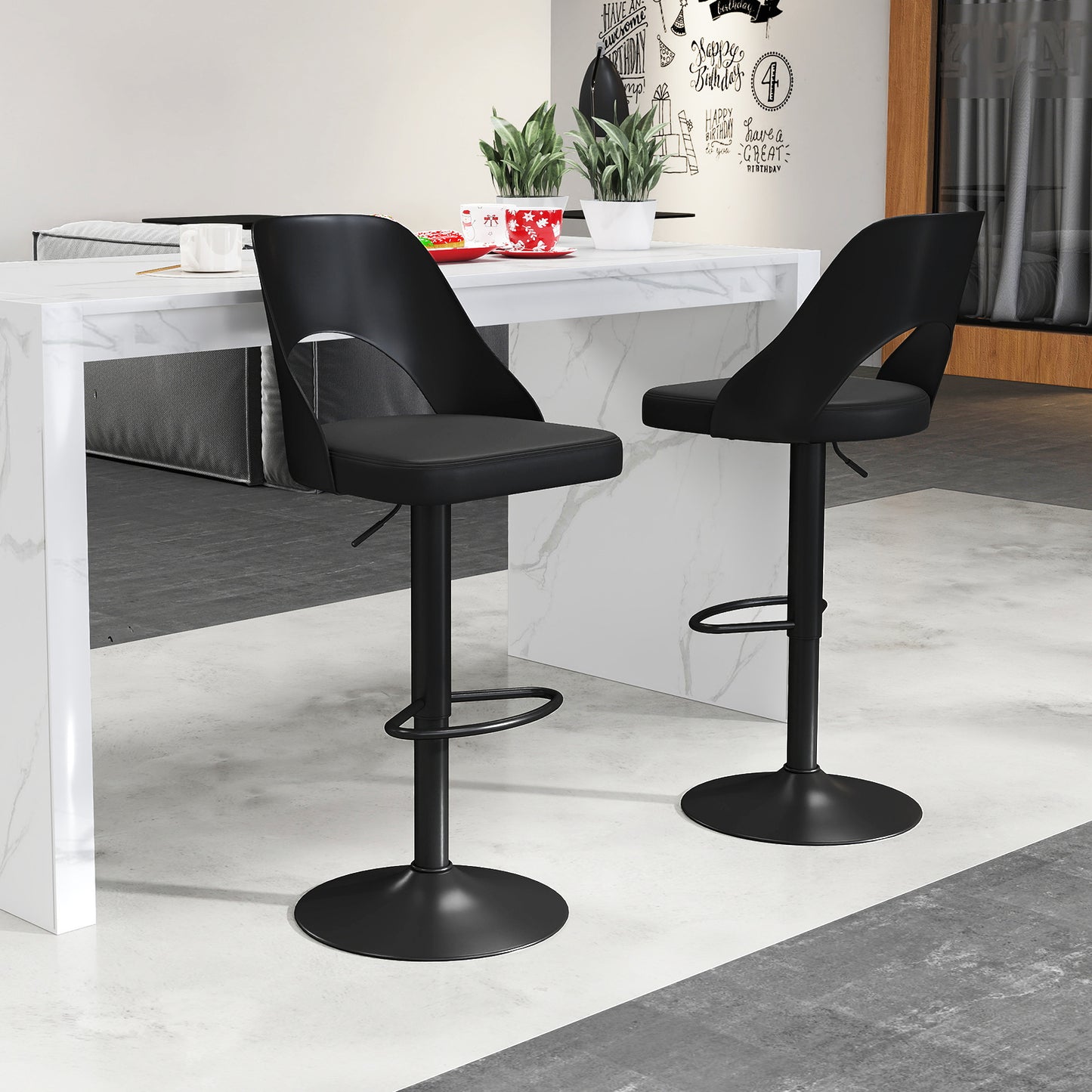 Bar Stools Set of 2 with Enlarged PU Leather Seat and Footrest, Black Bar Stools at Gallery Canada