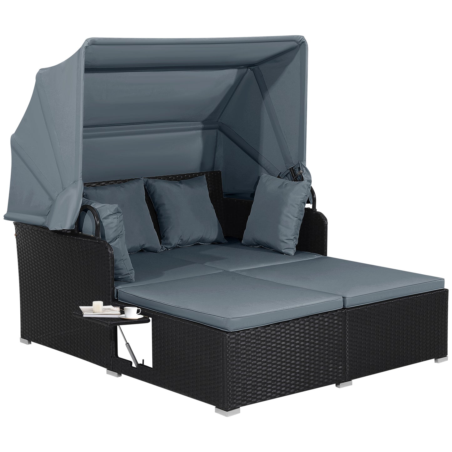 Patio Rattan Daybed with Retractable Canopy and Side Tables, Gray Outdoor Sectionals at Gallery Canada