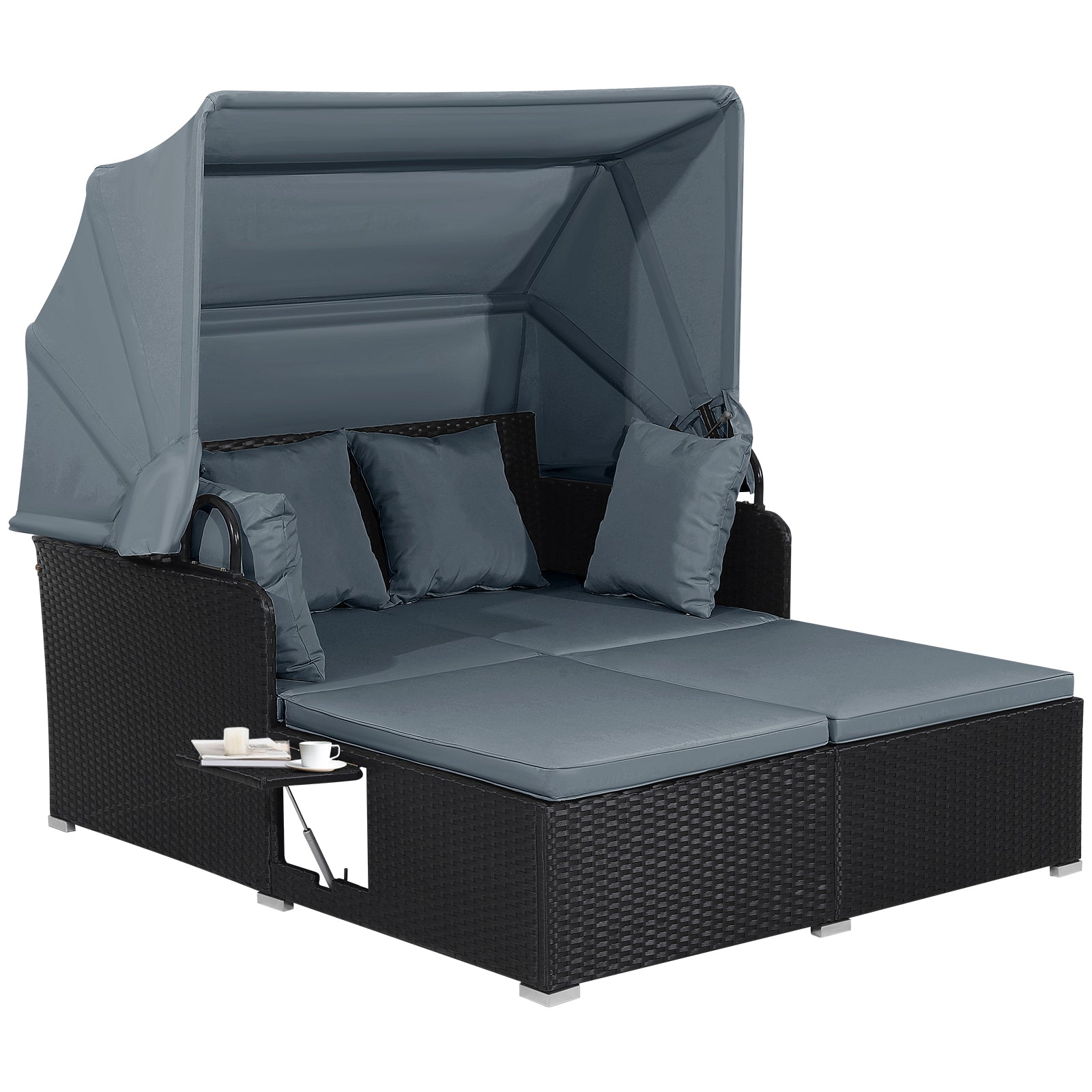 Patio Rattan Daybed with Retractable Canopy and Side Tables, Gray Outdoor Sectionals at Gallery Canada