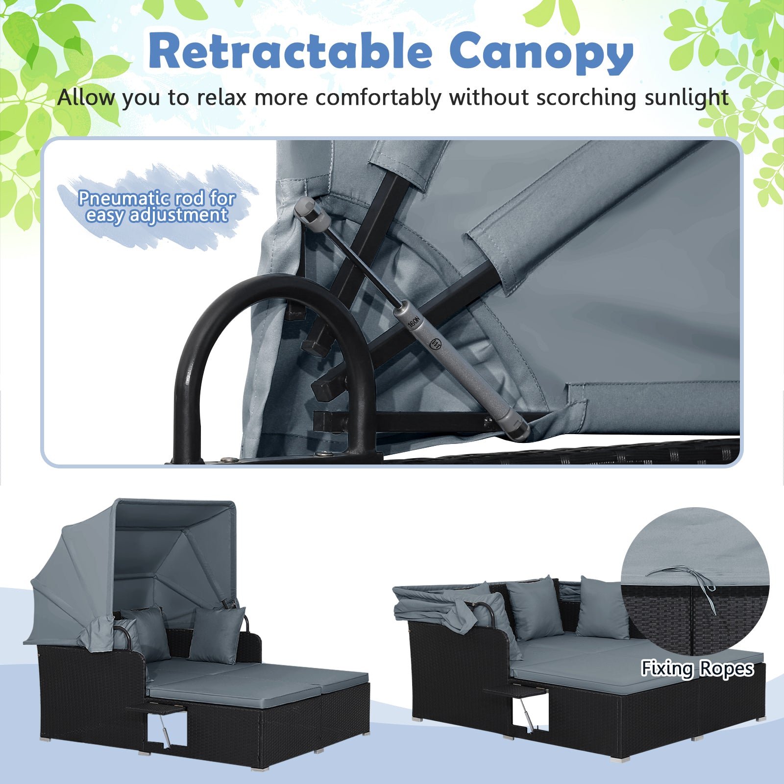 Patio Rattan Daybed with Retractable Canopy and Side Tables, Gray Outdoor Sectionals at Gallery Canada