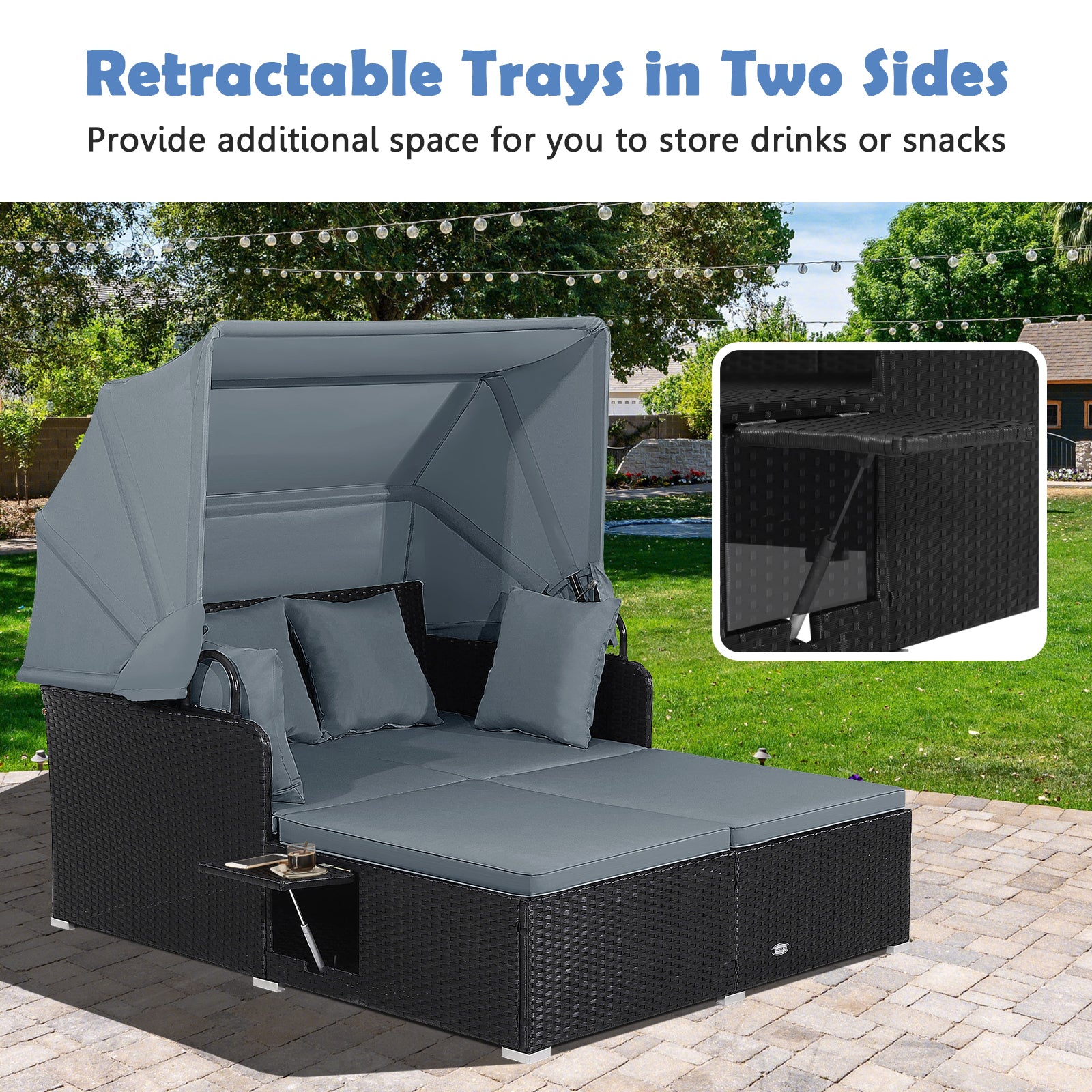 Patio Rattan Daybed with Retractable Canopy and Side Tables, Gray Outdoor Sectionals at Gallery Canada