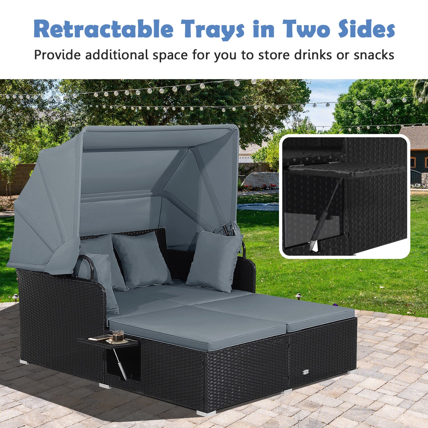 Patio Rattan Daybed with Retractable Canopy and Side Tables, Gray Outdoor Sectionals at Gallery Canada