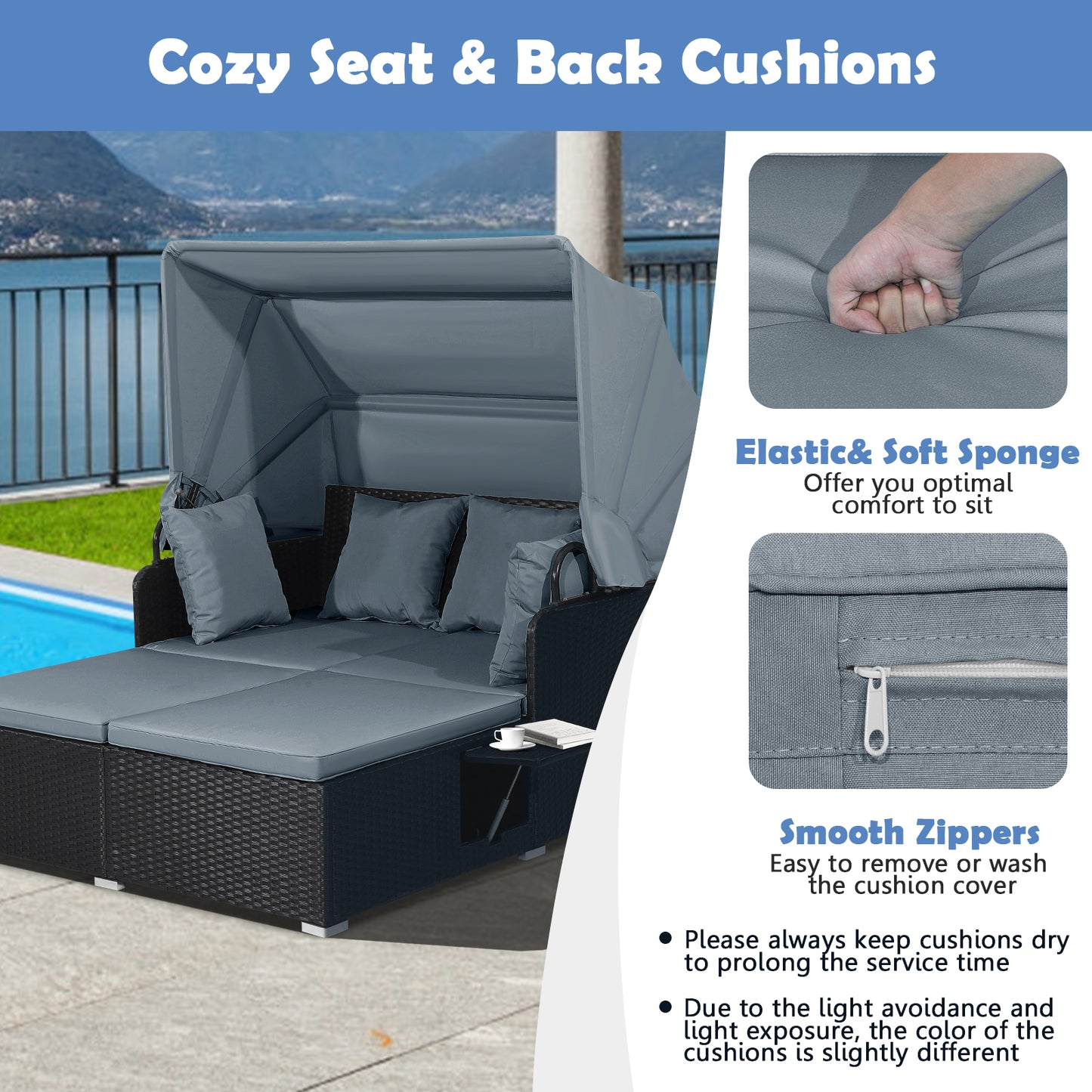 Patio Rattan Daybed with Retractable Canopy and Side Tables, Gray Outdoor Sectionals at Gallery Canada