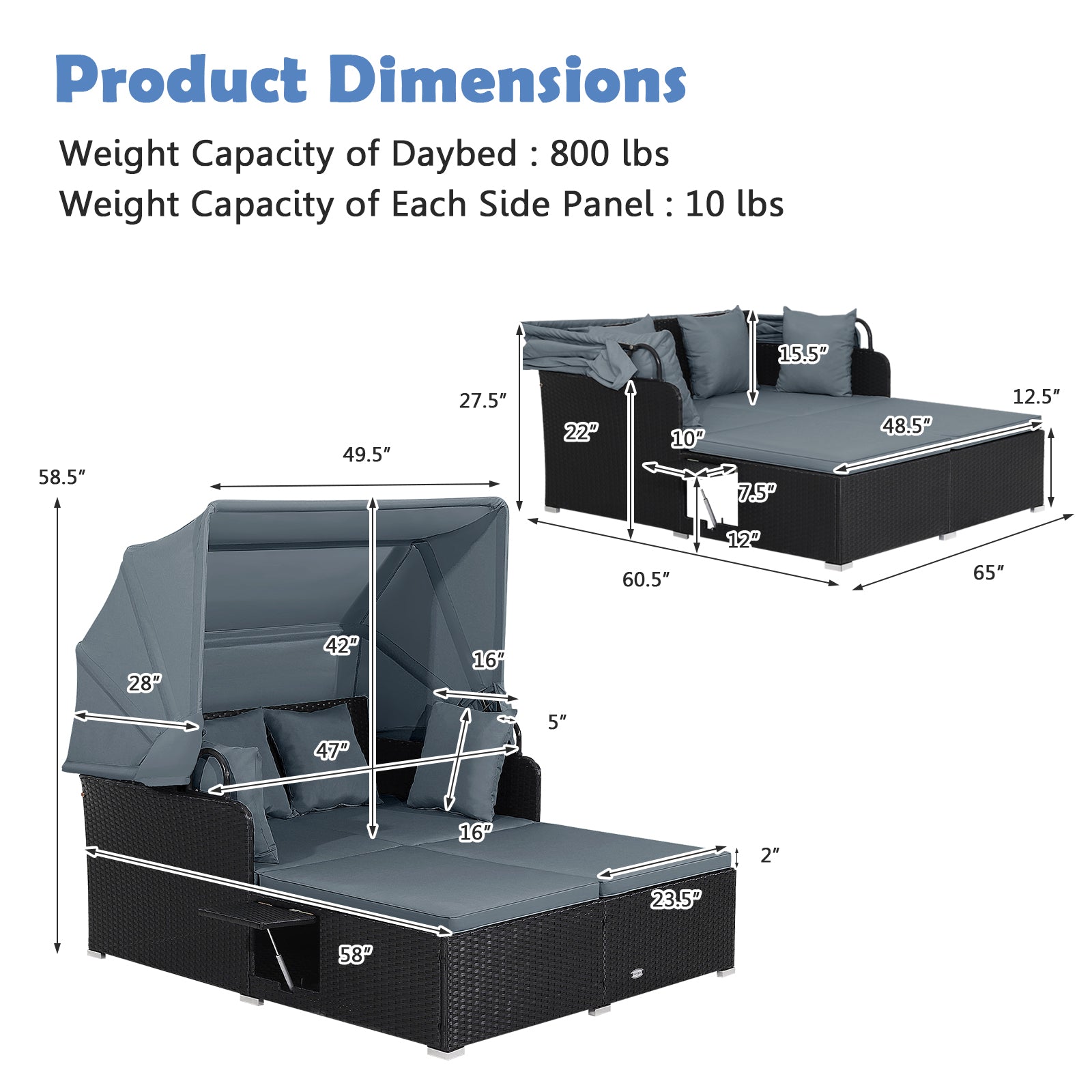 Patio Rattan Daybed with Retractable Canopy and Side Tables, Gray Outdoor Sectionals at Gallery Canada